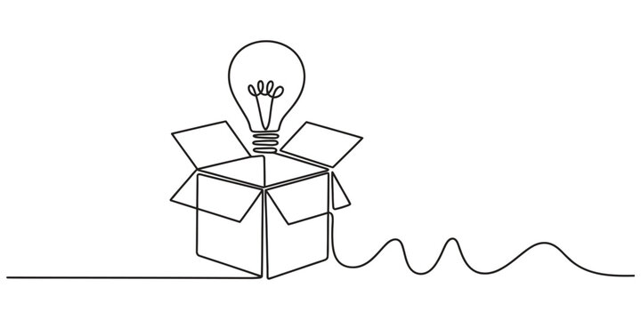 Continuous single line drawing of a light bulb coming out of an open box
