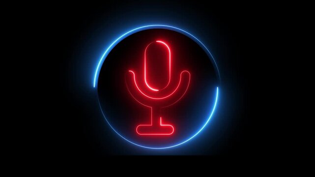 Glowing neon red and blue color microphone icon animation audio mic voice record circle multimedia on black background