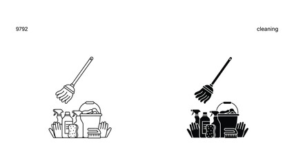 Professional cleaning supplies icon set including mop bucket spray bottles and scrubbing sponge in outline and solid black styles for housekeeping and janitorial services © MD