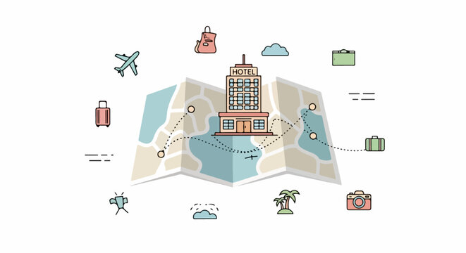 Travel and tourism icons on map.