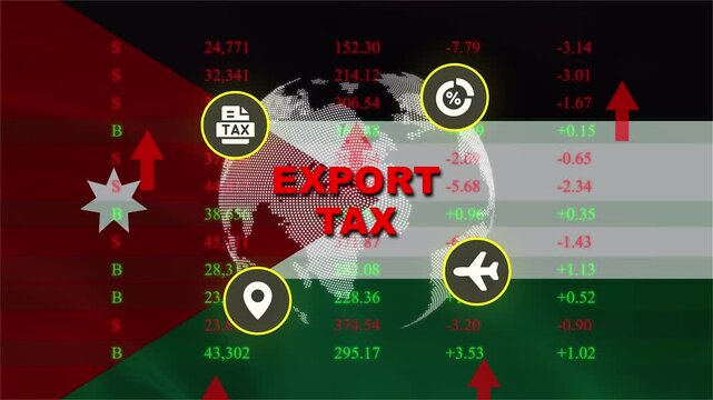 Export Tax Symbolism: An abstract representation of export tax featuring a globe, economic data, and trade icons superimposed over a flag, signifying global commerce and financial implications.