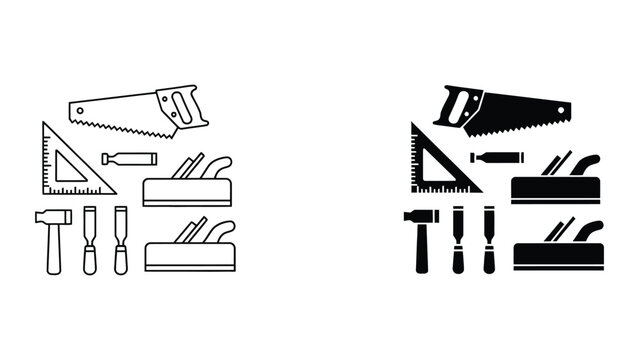 Set of carpenter tools featuring hand saw square plane hammer and chisel in outline and solid black icon styles for construction and woodworking design projects