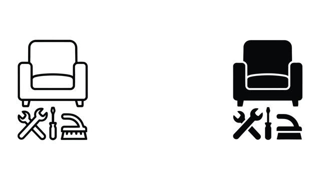 Furniture repair and assembly icon set with armchair and various hand tools for interior design services