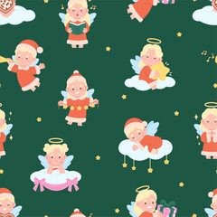 Obraz premium Christmas tiny angels seamless pattern. Funny children in xmas costumes, cute angel with gift, hold garland, sleep on cloud, vector background