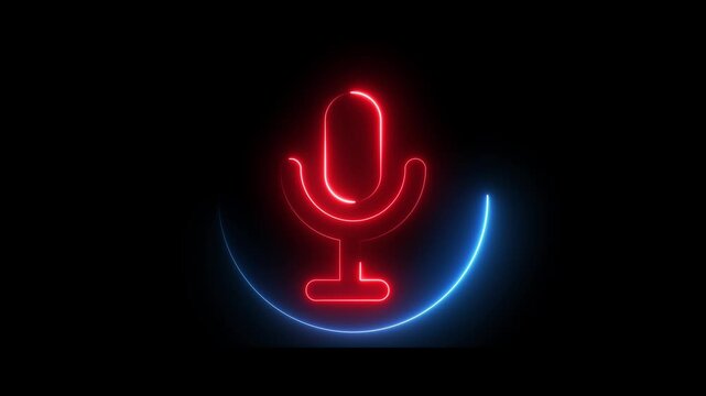 Glowing neon red and blue color microphone icon animation audio mic voice record circle multimedia on black background