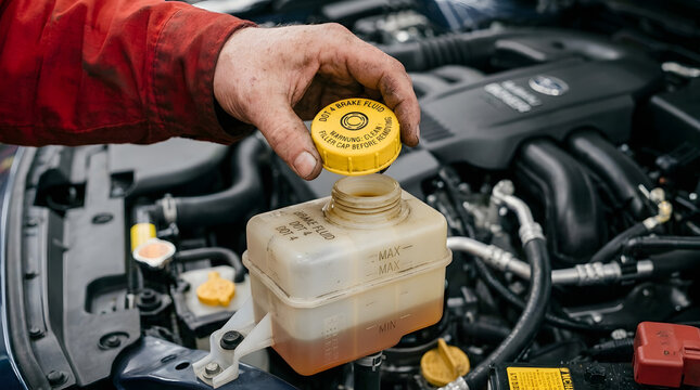 Brake fluid reservoir and cap being opened in an automotive engine compartment dot vehicle car. Generative AI 