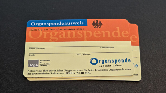 German Organ Donor Card Organspendeausweis on Dark Background, Radolfzell am Bodensee, Germany, June 15, 2025