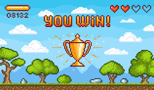 Pixel art win background. Arcade game winner page. Pixelated retro style nature location, 8-bit design. Final computer play screensaver, tidy vector scene
