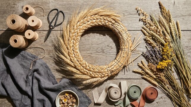 Dozynki grain crown making process flat lay with wheat flowers ribbons