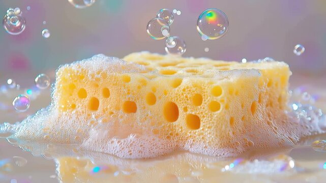 Yellow sponge with soap bubbles, cleaning, detergents
