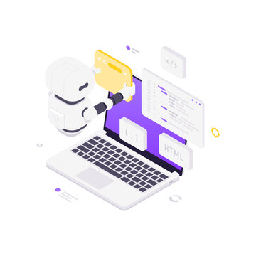 Isometric vector illustration of AI robot coding on a laptop. Concept for automated software development, web programming, and IT services. For modern tech banners and infographics