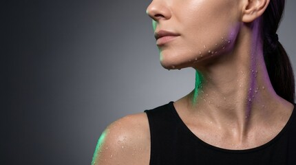 Fototapeta premium Wet Skin Jawline Portrait In Emerald Violet Studio Beauty Light
