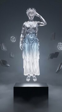 Celestial Translucent Silver Crystal Mythic Titaness Of Wisdom Of Greek Levitating Above Obsidian Pedestal
