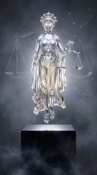 Celestial Translucent Silver Crystal Mythic Goddess Of Justice Of Greek Levitating Above Obsidian Pedestal
