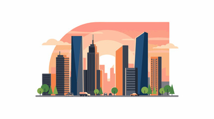 Fototapeta premium A stylized cityscape with skyscrapers and trees at sunset