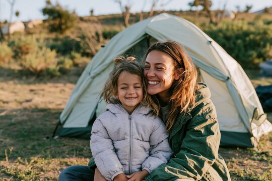 Solo parent with young child sitting together at a campsite near a tent, surrounded by greenery and natural landscape during daylight