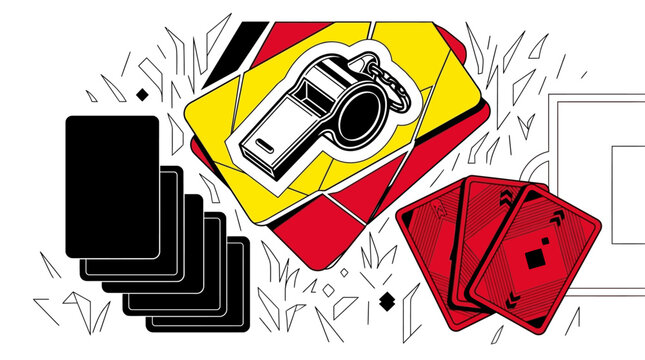 vibrant conceptual graphic of a whistle and playing cards in a shattered red and yellow design symbolizing game and competition.