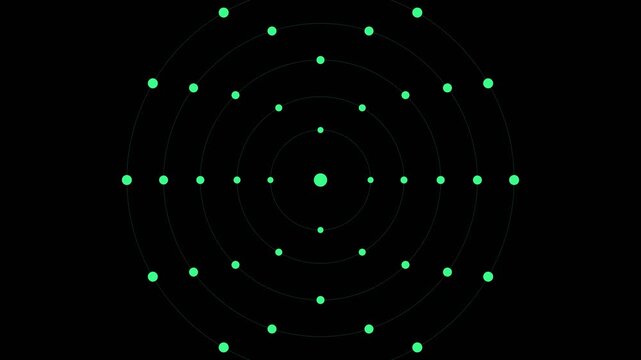 Minimalist abstract motion with rotating green dots and concentric circles animation