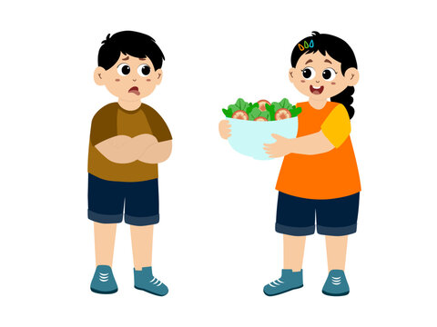 Little kid doesn't like vegetables. vector illustration