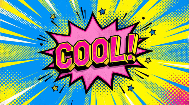 vibrant pop art comic speech bubble with cool text bursting on a retro background ideal for energetic marketing and social media graphics.