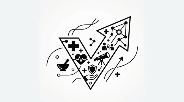 A stylized letter with various medical, scientific symbols