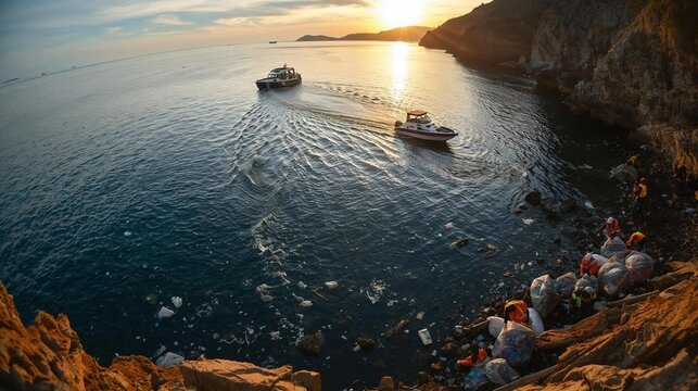 A wide-angle landscape shot of a rugged, beautiful coastline. In the middle distance, a specialized, solar-powered clean-up boat is trawling and collecting floating plastic debris from the ocean surfa