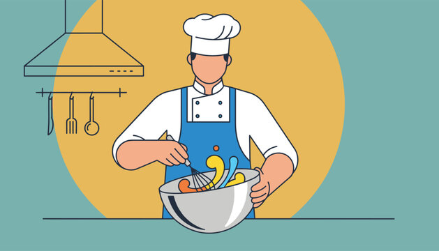 Professional chef wearing white uniform and blue apron whisking organic ingredients in mixing bowl in kitchen.