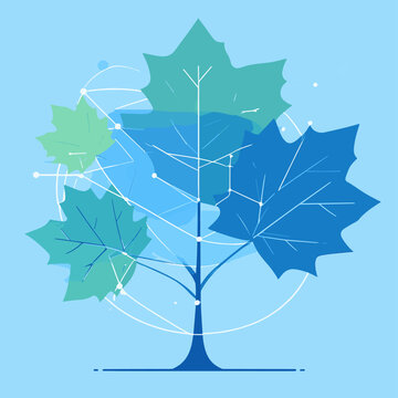 A stylized tree with large blue and green leaves and a network of white lines