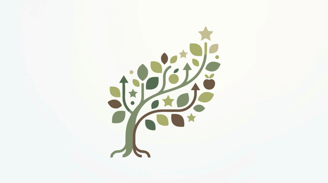 A stylized tree with green leaves, brown branches, and star shapes on a white background