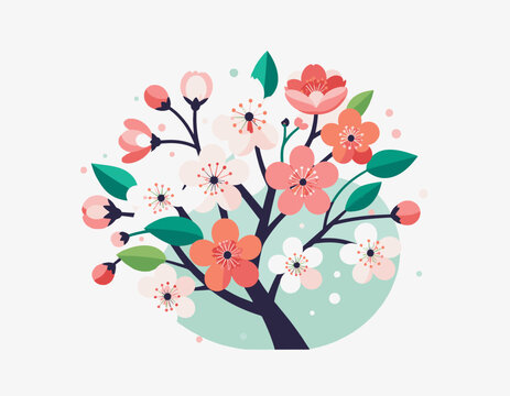 A stylized tree with pink and orange flowers and green leaves on a white background