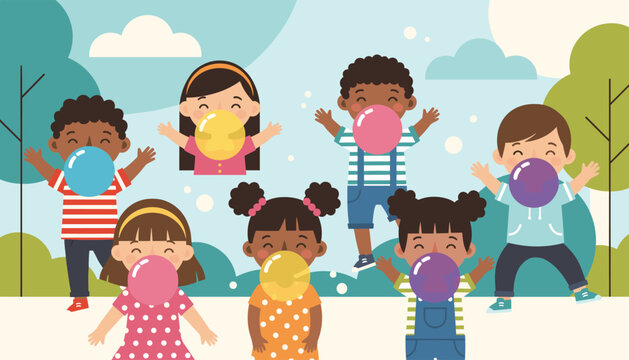 Group of diverse happy kids blowing colorful round bubble gum balloons in outdoor park during summer.