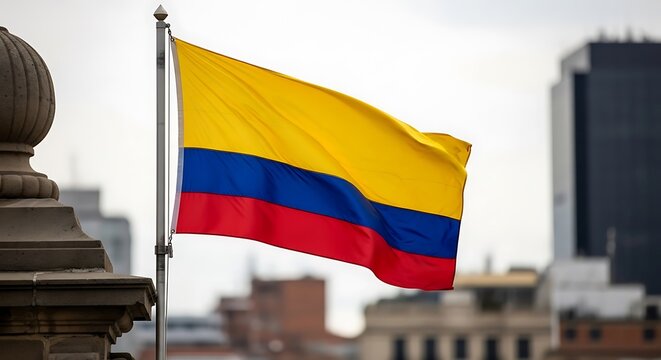 The national flag of colombia waving in the wind against a blurred city background