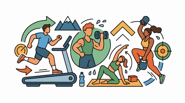 A vibrant illustration of people engaging in various fitness activities