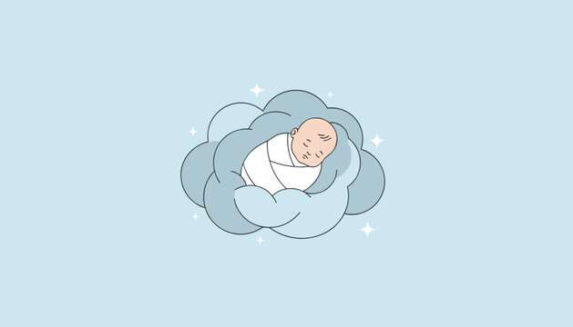 Cute newborn baby wrapped in a swaddle sleeping peacefully inside a soft cloud surrounded by twinkling stars on a blue background.