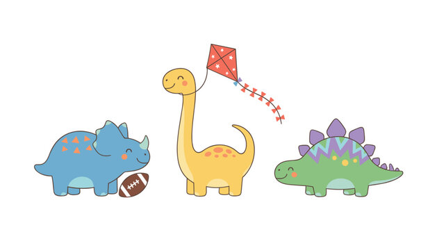 Adorable cartoon dinosaurs playing together with a brown football and flying a red kite on a clean white background.