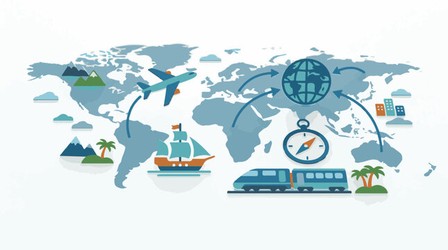 A stylized world map with travel icons
