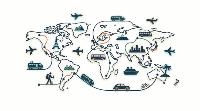 A stylized world map with travel icons and routes