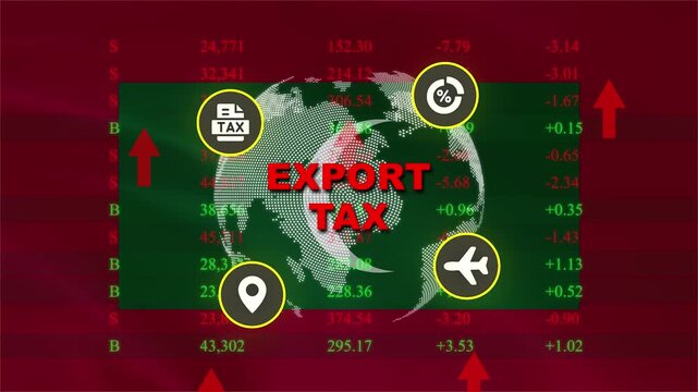 Global Export Tax Impact: An infographic visualizes the concept of export tax, showing its worldwide implications with icons representing trade and travel superimposed on a stock market background.