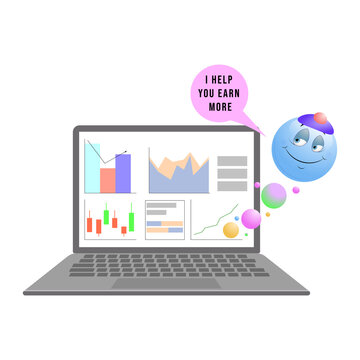 Illustration of an assistant character near a laptop screen with financial charts and text I help you earn more. Business concept of automated trading and analytics.