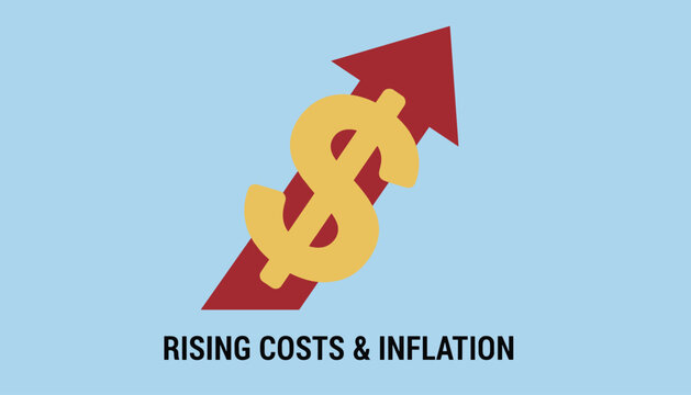 Financial chart with a gold dollar sign over a red upward arrow representing rising costs and high inflation.