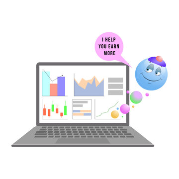 Vector illustration of an assistant character near a laptop screen with financial charts and text I help you earn more. Business concept of automated trading and analytics.