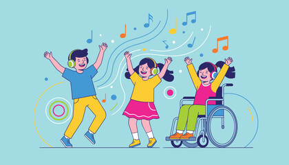 Fototapeta premium Happy inclusive group of children, including a girl in a wheelchair, dancing together to lively music notes.
