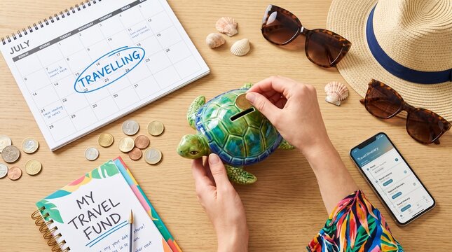 Travel financial planning flatlay with hands putting coin in piggy bank calendar notebook and smartphone