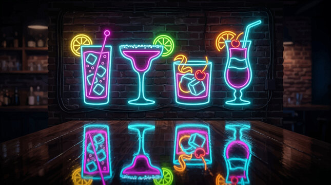 neon cocktail glasses and bottles sign on bar counter