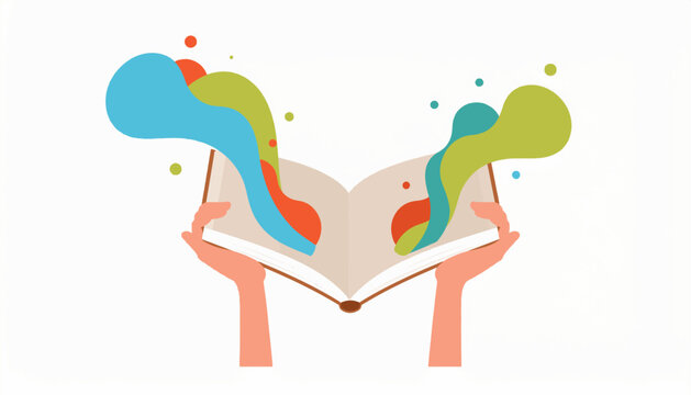 A vibrant illustration of hands holding an open book with colorful splashes