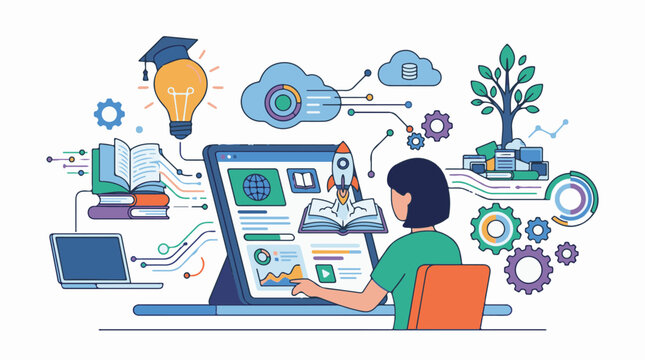 A woman learns online surrounded by education icons and graphs