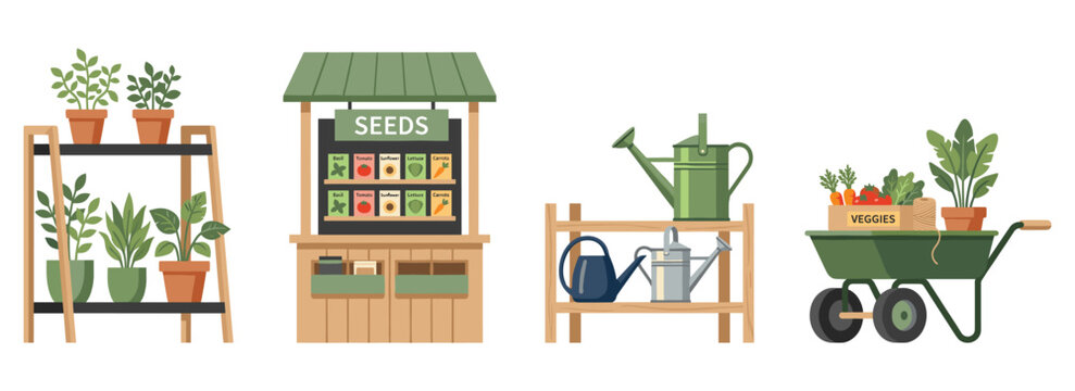 Set of garden market stalls with plants seeds tools and wheelbarrow for planting crops vector art.
