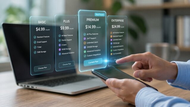 Businessman uses a smartphone to select from various digital software subscription pricing tiers displayed as holographic overlays above a laptop.