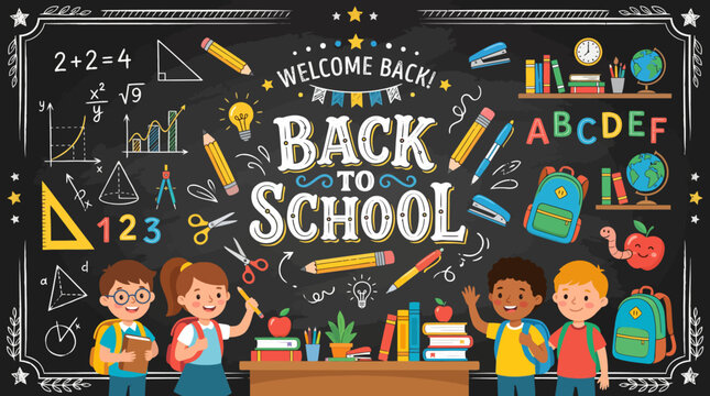 Cheerful students eagerly prepare for a fresh academic start, surrounded by essential school supplies, books, and learning symbols on a dark chalkboard, celebrating education