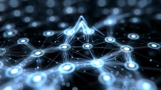 Abstract glowing network of connected nodes in digital style on dark background, concept of data flow and communication